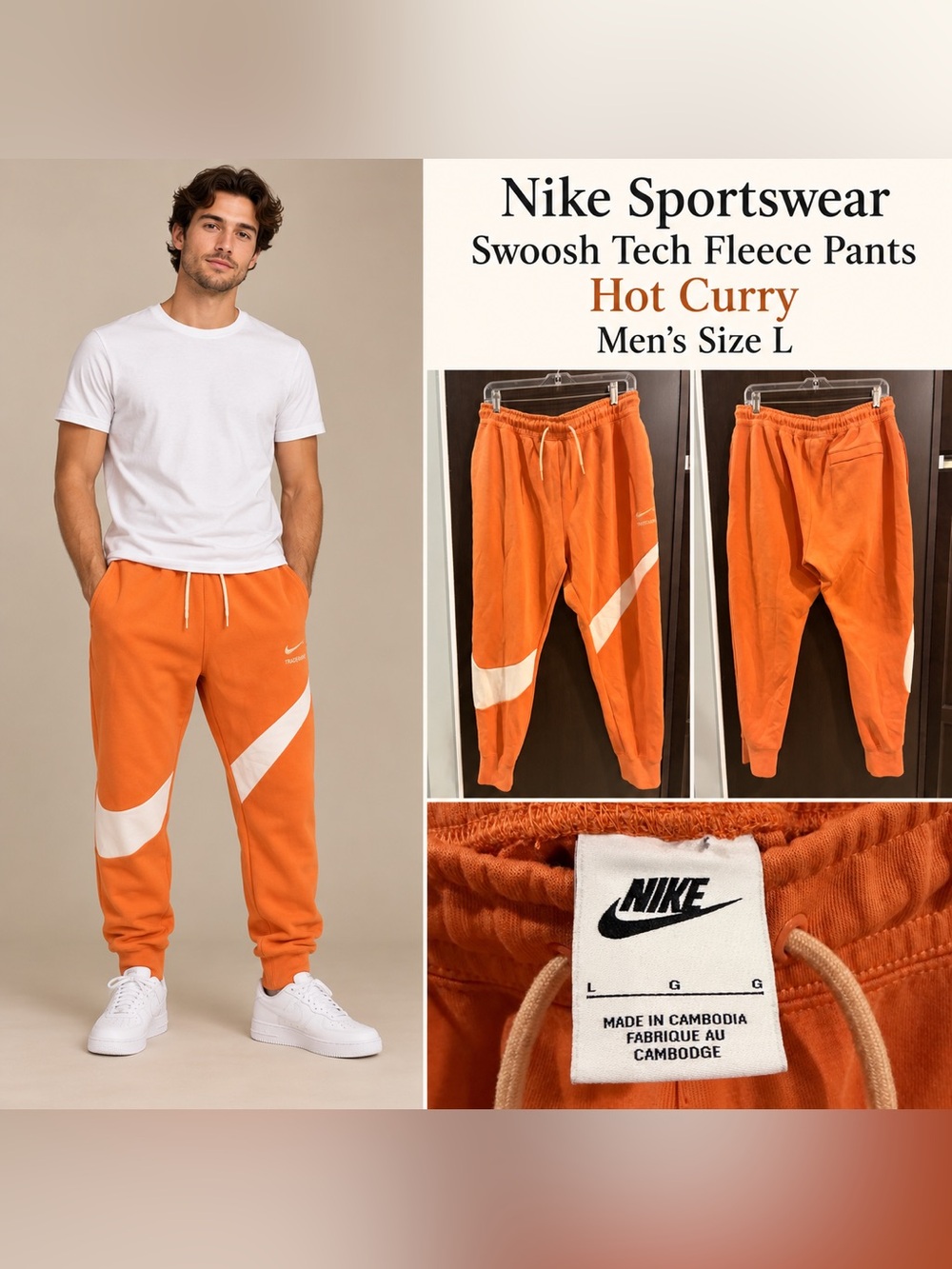 Nike Men’s Hot Curry Orange & White Swoosh Tech Fleece Joggers